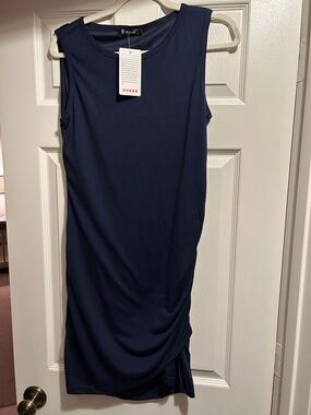 Sleeveless Navy Midi Dress with Side Gather